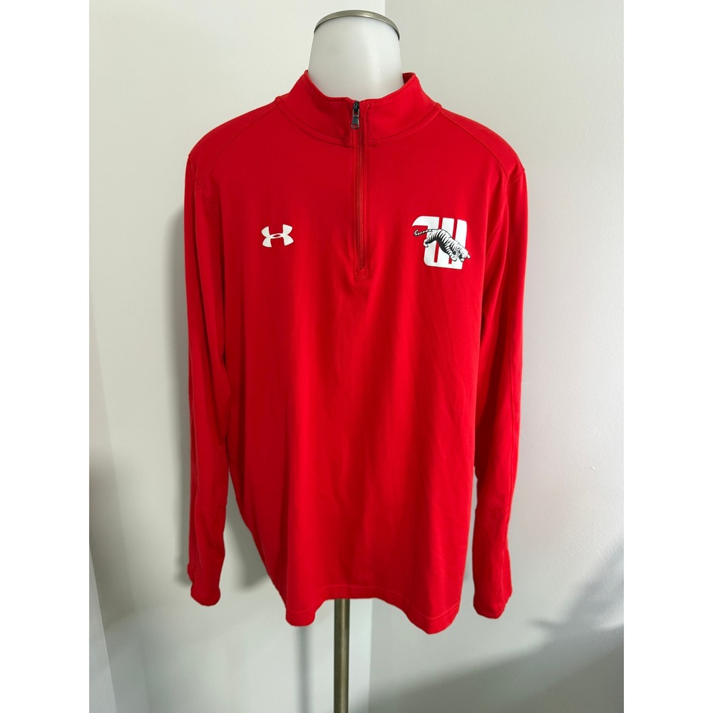 Under Armour Mens Large Red HeatGear Loose Fit Quarter Zip Pullover Tiger Logo